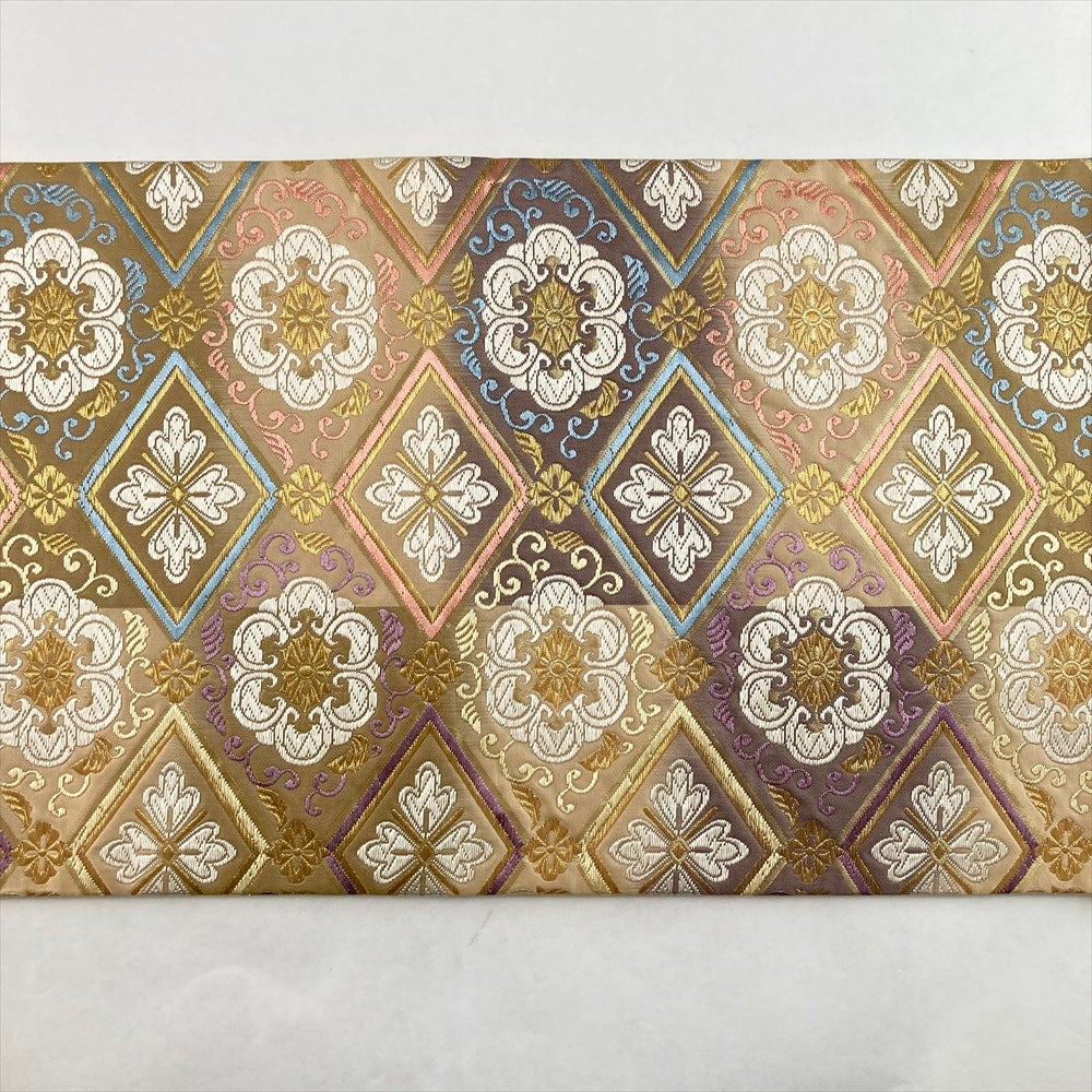 中古）袋帯 金 ベージュ フォーマル 六通 織り 菱型 正倉院 花 絹