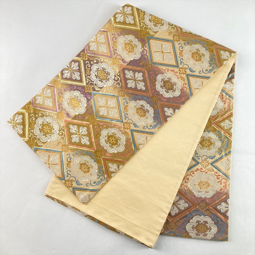 中古）袋帯 金 ベージュ フォーマル 六通 織り 菱型 正倉院 花 絹