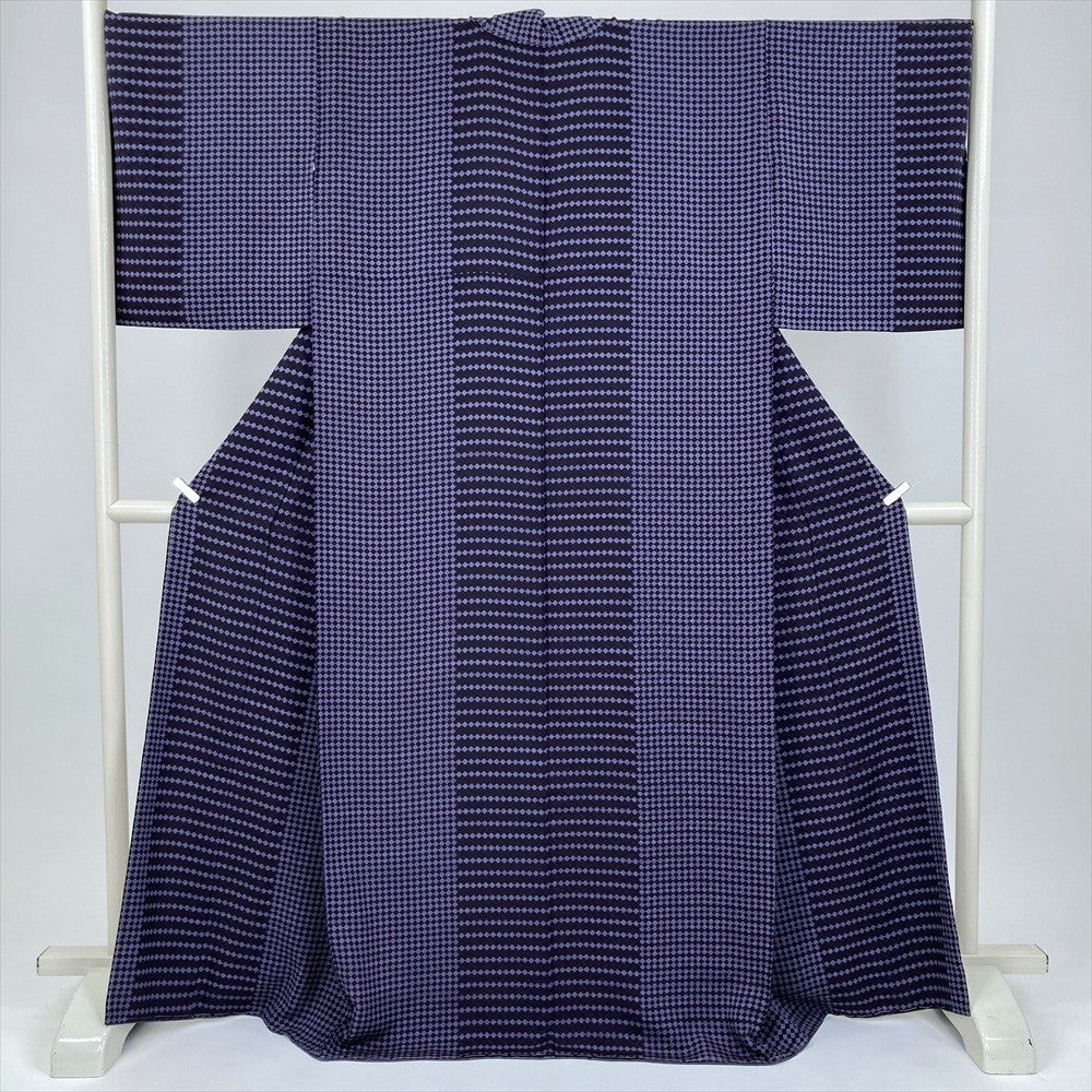 中古） 小紋 濃紫 紺 カジュアル 菱市松 袷 絹 【身丈】161cm