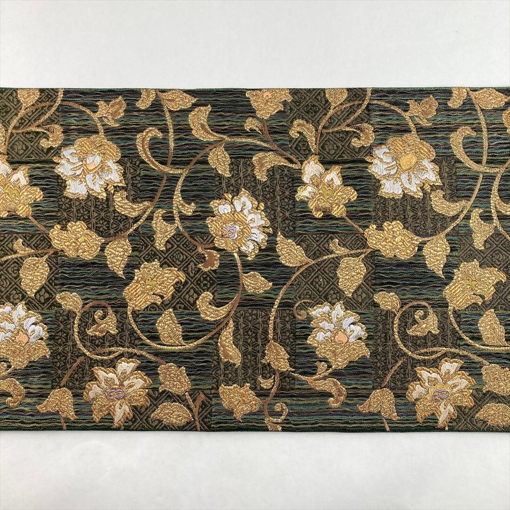 中古)袋帯 緑 フォーマル 六通 織り 市松 花唐草 絹 中古)袋帯 緑 フォーマル 六通 織り 市松 花唐草 絹