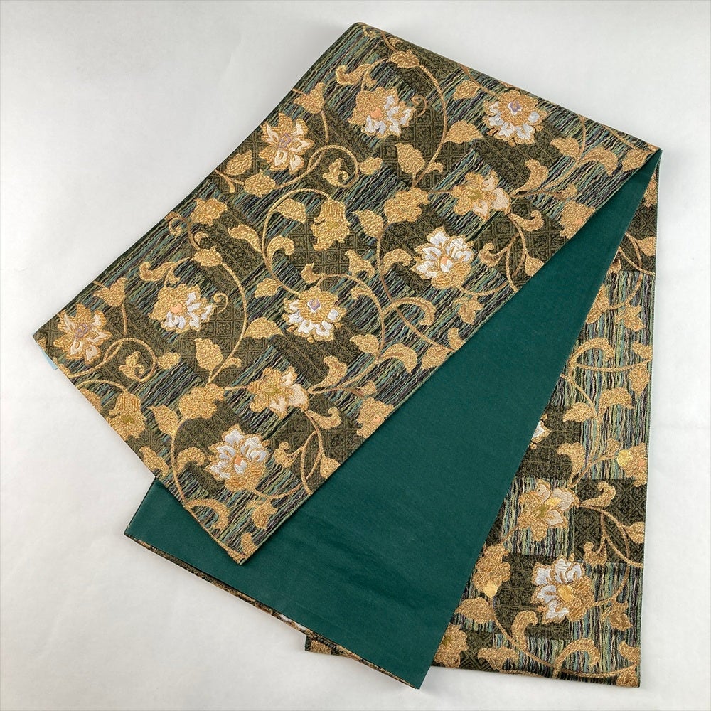 中古)袋帯 緑 フォーマル 六通 織り 市松 花唐草 絹 中古)袋帯 緑 フォーマル 六通 織り 市松 花唐草 絹