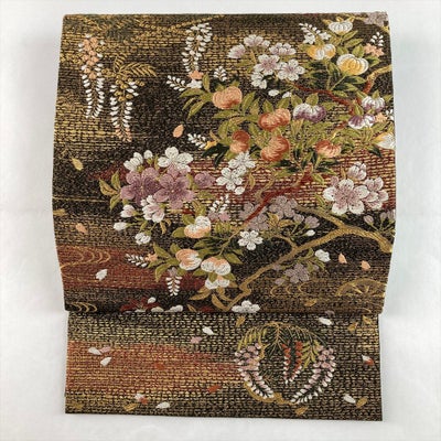 中古）振袖用袋帯 黒色 フォーマル 六通 金糸 引き箔 花の丸 桜 絹