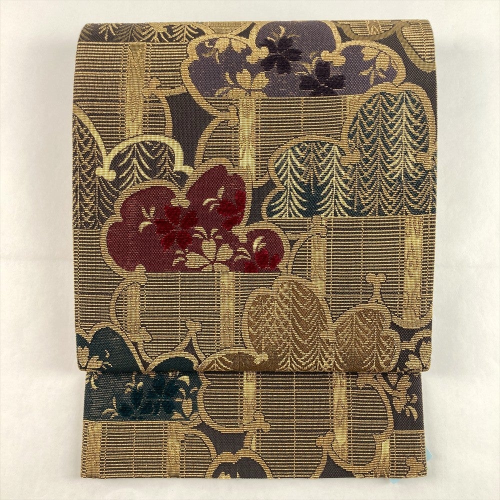 中古）袋帯 銀色 セミフォーマル 六通 織り 引き箔 和楽器 松皮菱