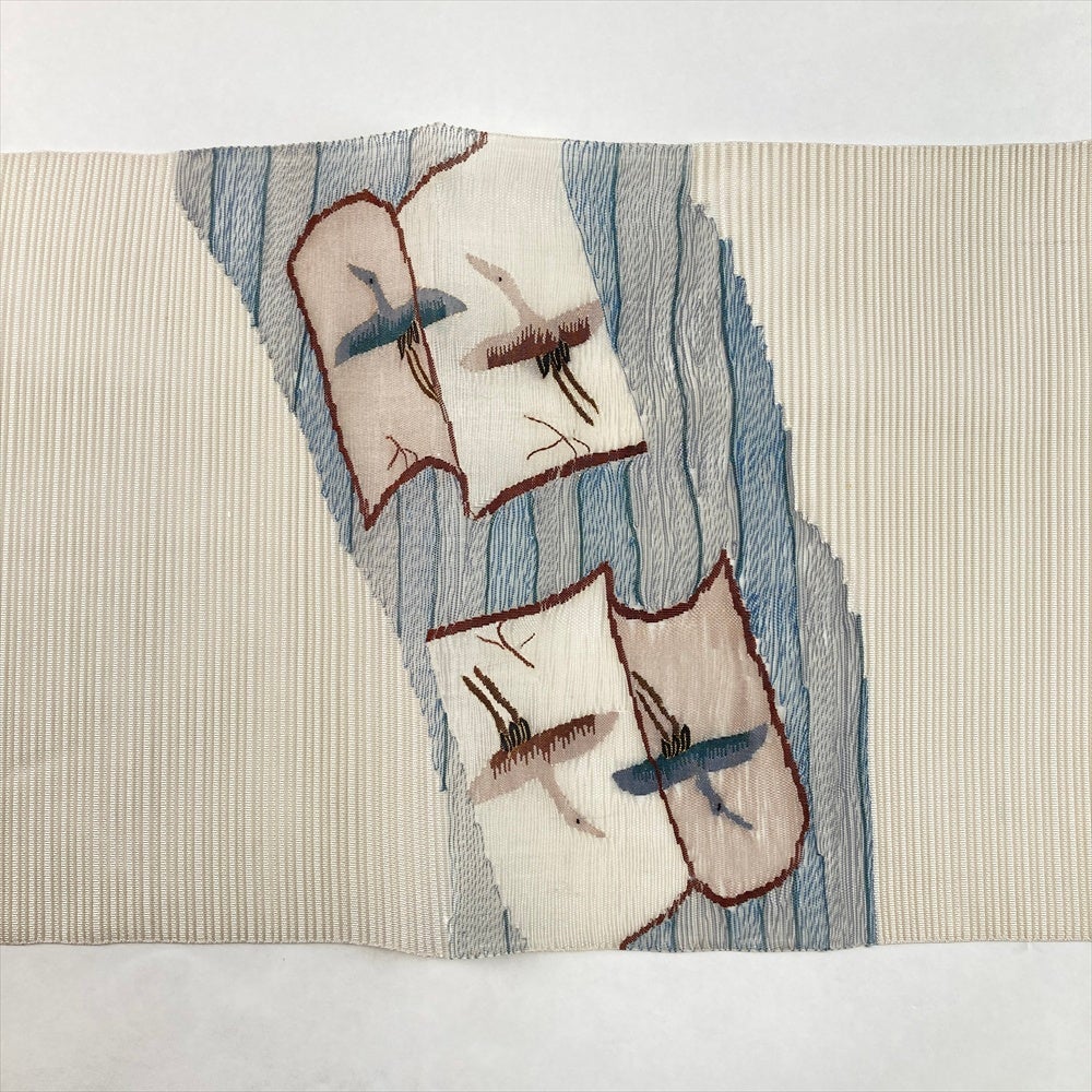 中古)夏名古屋帯 生成 カジュアル 松葉仕立て 織り 鳥 縞 絹 中古)夏名古屋帯 生成 カジュアル 松葉仕立て 織り 鳥 縞 絹