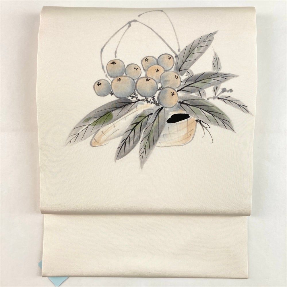 中古）名古屋帯 白 カジュアル 名古屋仕立て 染め 果実 手描き 塩瀬 絹