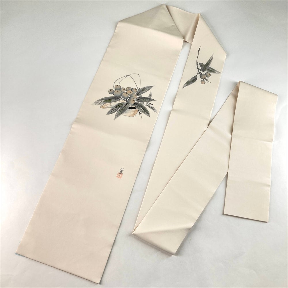 中古）名古屋帯 白 カジュアル 名古屋仕立て 染め 果実 手描き 塩瀬 絹