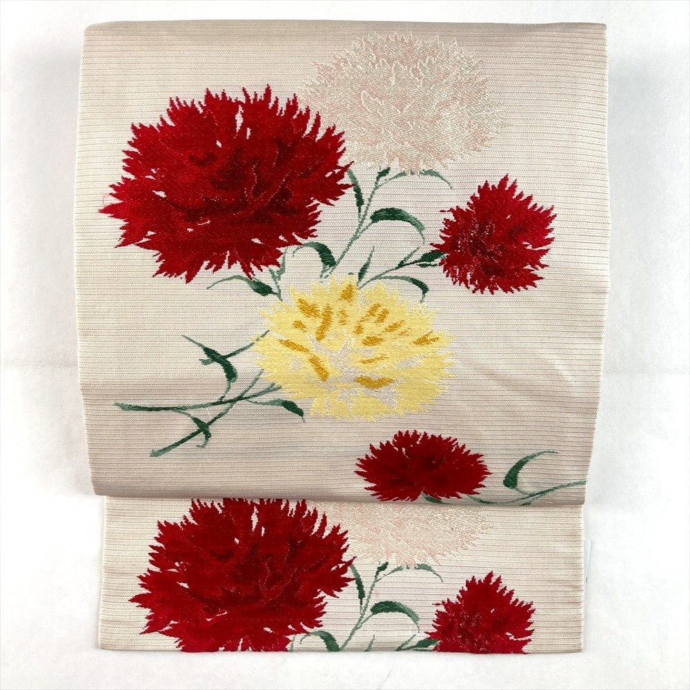 未使用　夏　名古屋帯(ボルドー系赤色　花刺繍　涼しげ　ポリエステル) 夏帯＊絽＊百合と撫子の花薬玉 ワインレッド 刺繍＊アンティーク名古屋