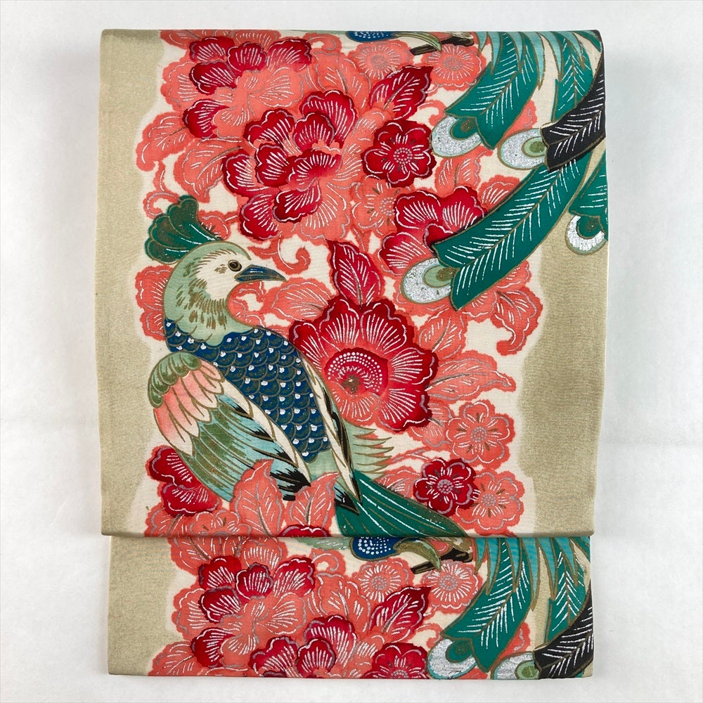 アンティーク 名古屋帯 銀彩 刺繍 鏡裏 牡丹 鳳凰 着物 123b d ms アンティーク 名古屋帯 銀彩 刺繍 鏡裏 牡丹 鳳凰 着物 123b d ms