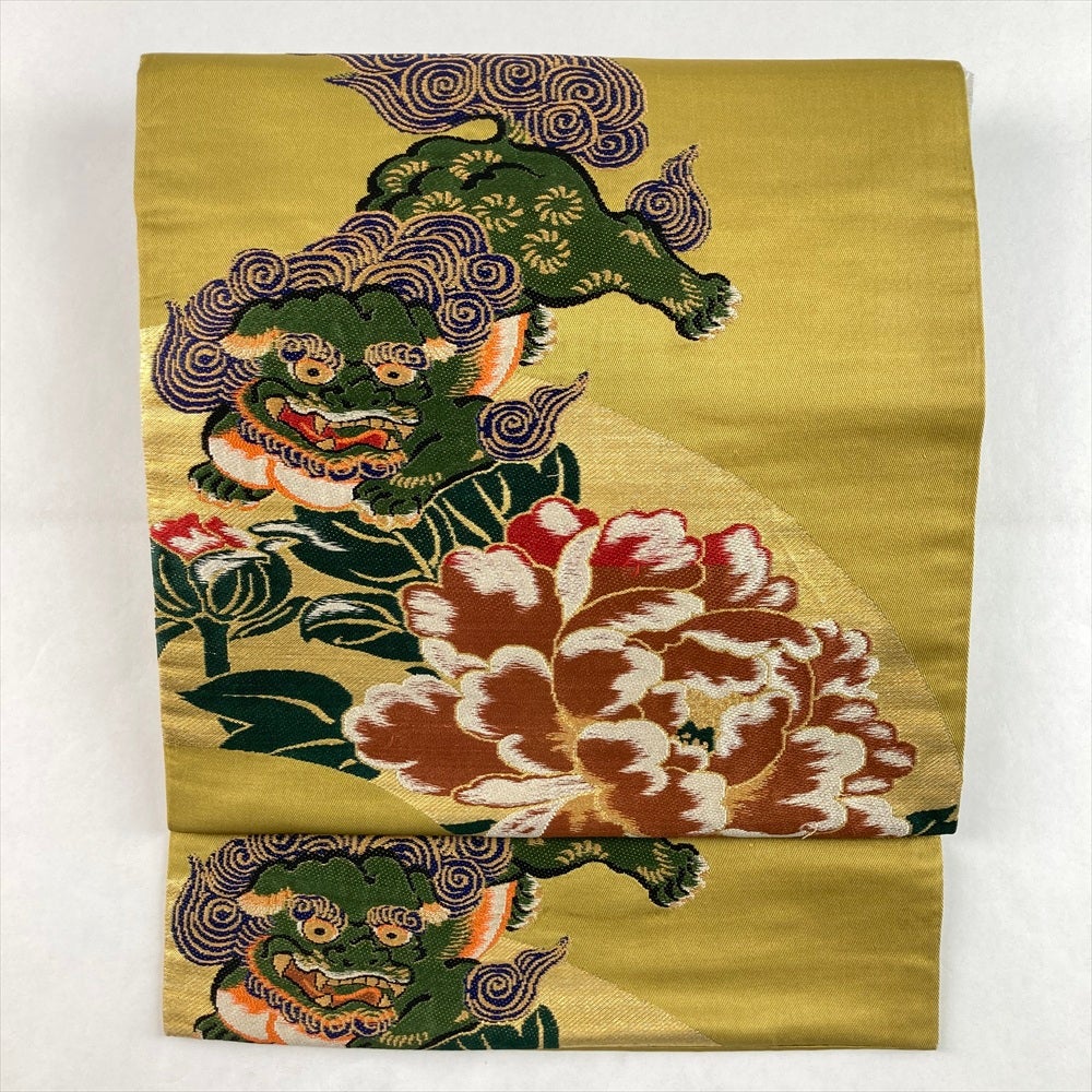 中古）九寸名古屋帯 黒 カジュアル 塩瀬 松葉 鶴文 蝶文 紅型調 名古屋