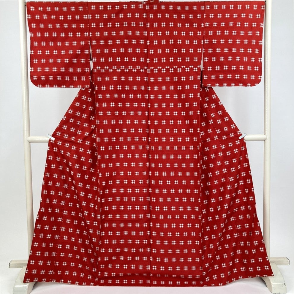 中古） 紬 赤 カジュアル 井桁 袷 絹 【身丈】162.5cm【裄丈】67cm