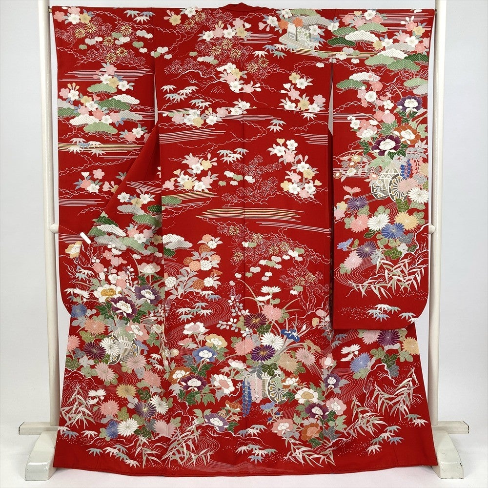 中古）振袖 ピンク 金彩 牡丹 四季の草花 ヴィンテージ 袷 S【身丈