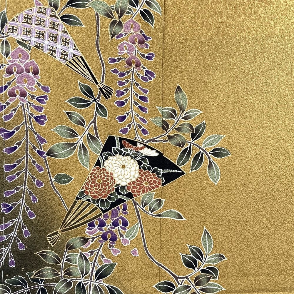 fmk8810 裄直し＋袷着物花唐草羽扇文 灰紫色 訪問着 6HH29 中古） 訪問着 芥子 フォーマル 藤の花 扇 流水 ぼかし 袷 絹 【身丈