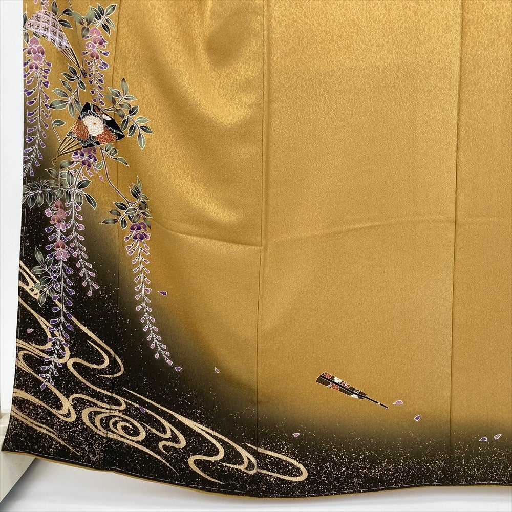 Ａお仕立て上がり正絹訪問着　黒、白、芥子色地に花、扇模様　金糸刺繍 中古） 訪問着 芥子 フォーマル 藤の花 扇 流水 ぼかし 袷 絹 【身丈