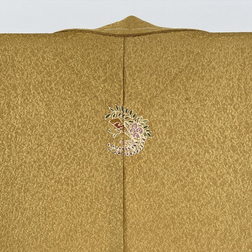 Ａお仕立て上がり正絹訪問着　黒、白、芥子色地に花、扇模様　金糸刺繍 中古） 訪問着 芥子 フォーマル 藤の花 扇 流水 ぼかし 袷 絹 【身丈