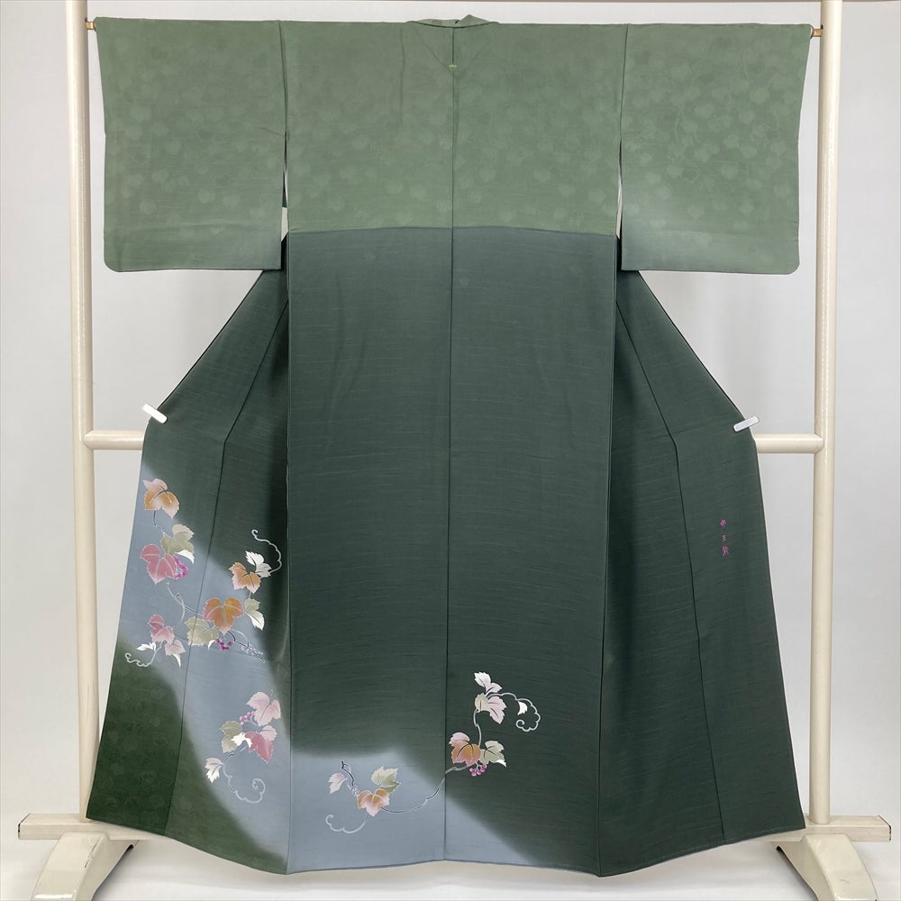 fmk8810 裄直し＋袷着物花唐草羽扇文 灰紫色 訪問着 6HH29 中古） 訪問着 芥子 フォーマル 藤の花 扇 流水 ぼかし 袷 絹 【身丈