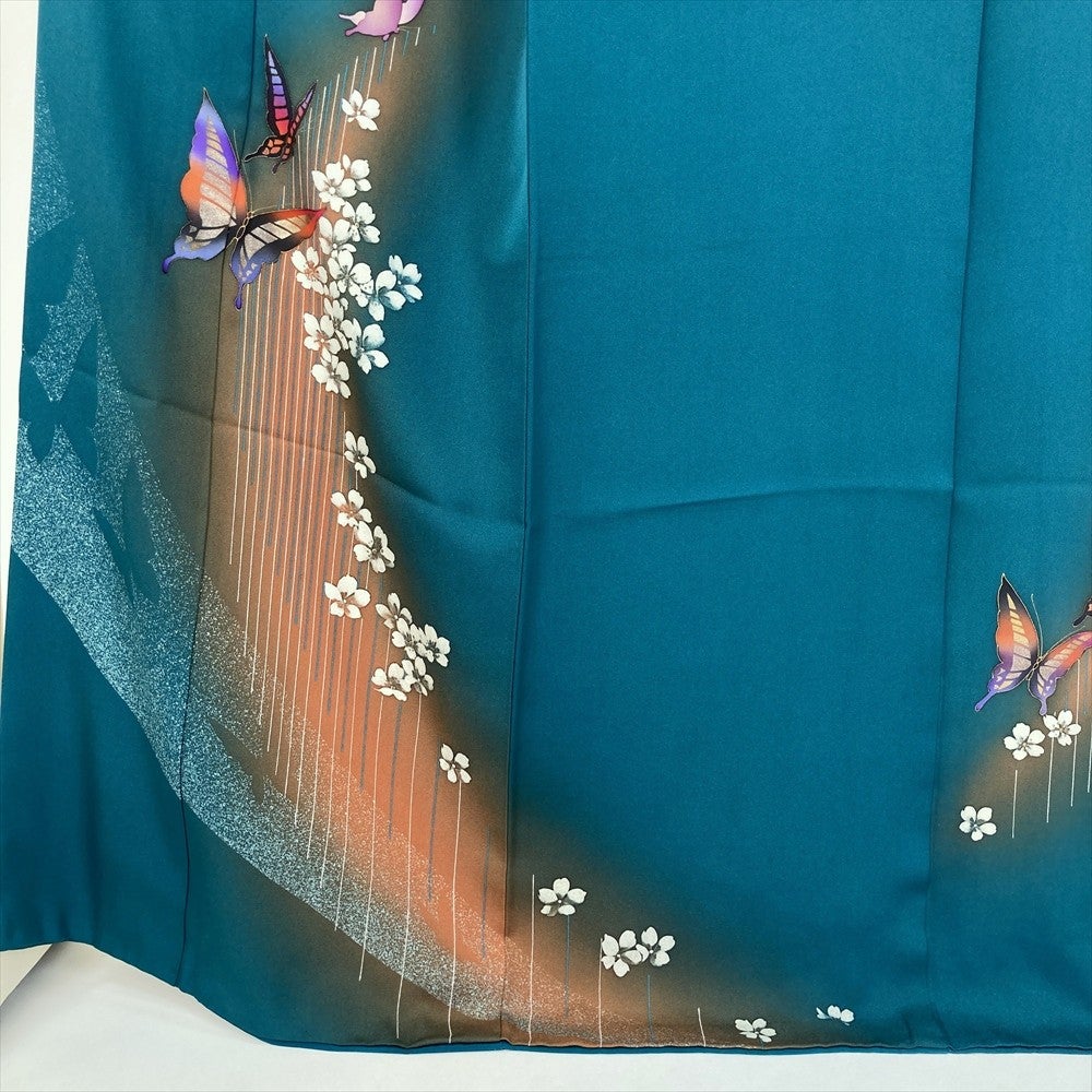 中古） 訪問着 青緑 孔雀色 セミフォーマル 蝶 桜 袷 絹 【身丈】164.5
