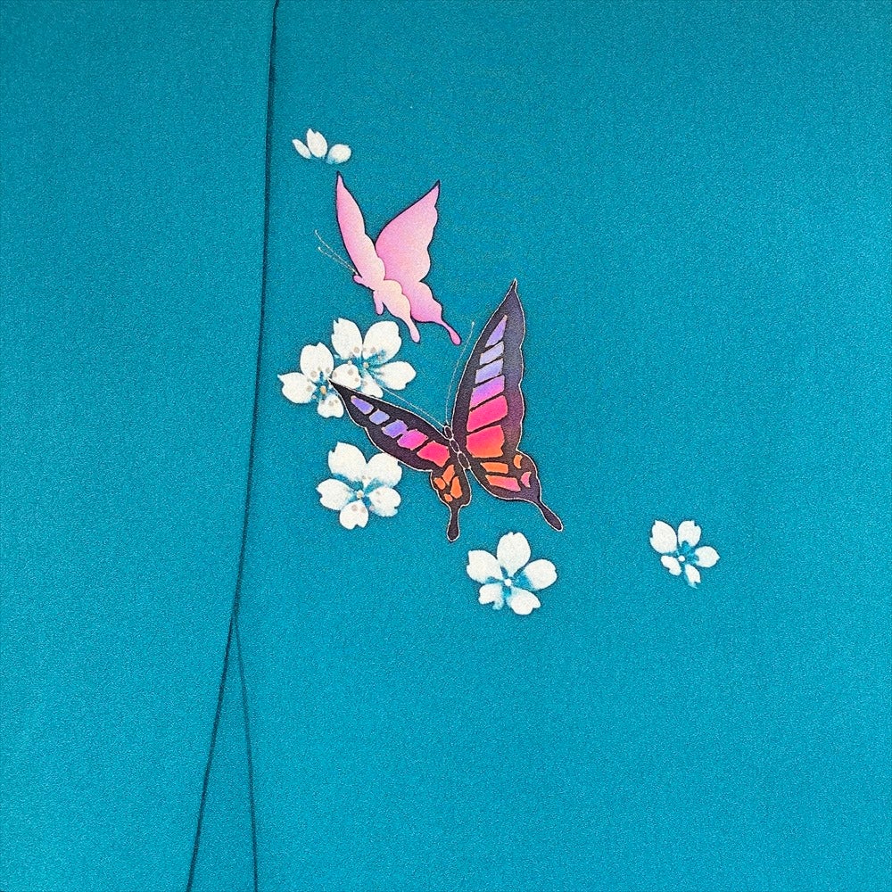 中古） 訪問着 青緑 孔雀色 セミフォーマル 蝶 桜 袷 絹 【身丈】164.5