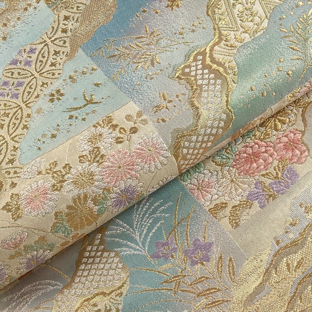 すごい値！袋帯 唐織 正絹 白緑色 薄緑 蝶 華文 花 六通柄 新古品