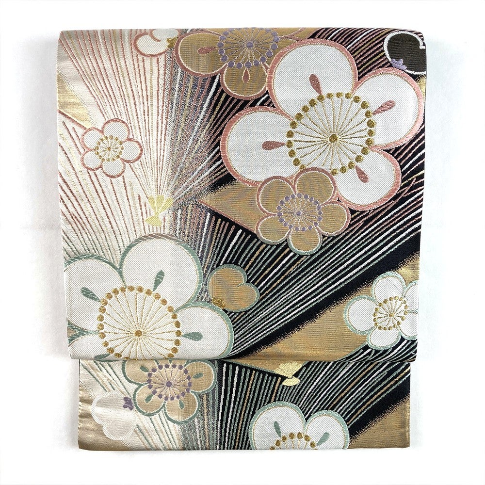 中古）袋帯 赤茶 刺繍 絞り カジュアル 六通 扇面 四季花