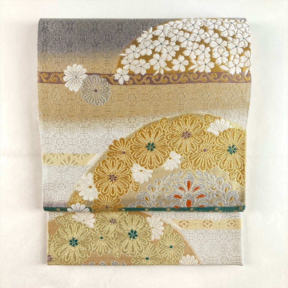 中古）袋帯 銀 紫 フォーマル 六通 織り 金糸 唐草 尾長鳥 花 煌貴箔錦 絹