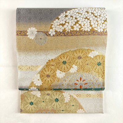 中古）袋帯 金 銀 マルチカラー フォーマル 六通 銀麗絣染 横縞 菊文 絹