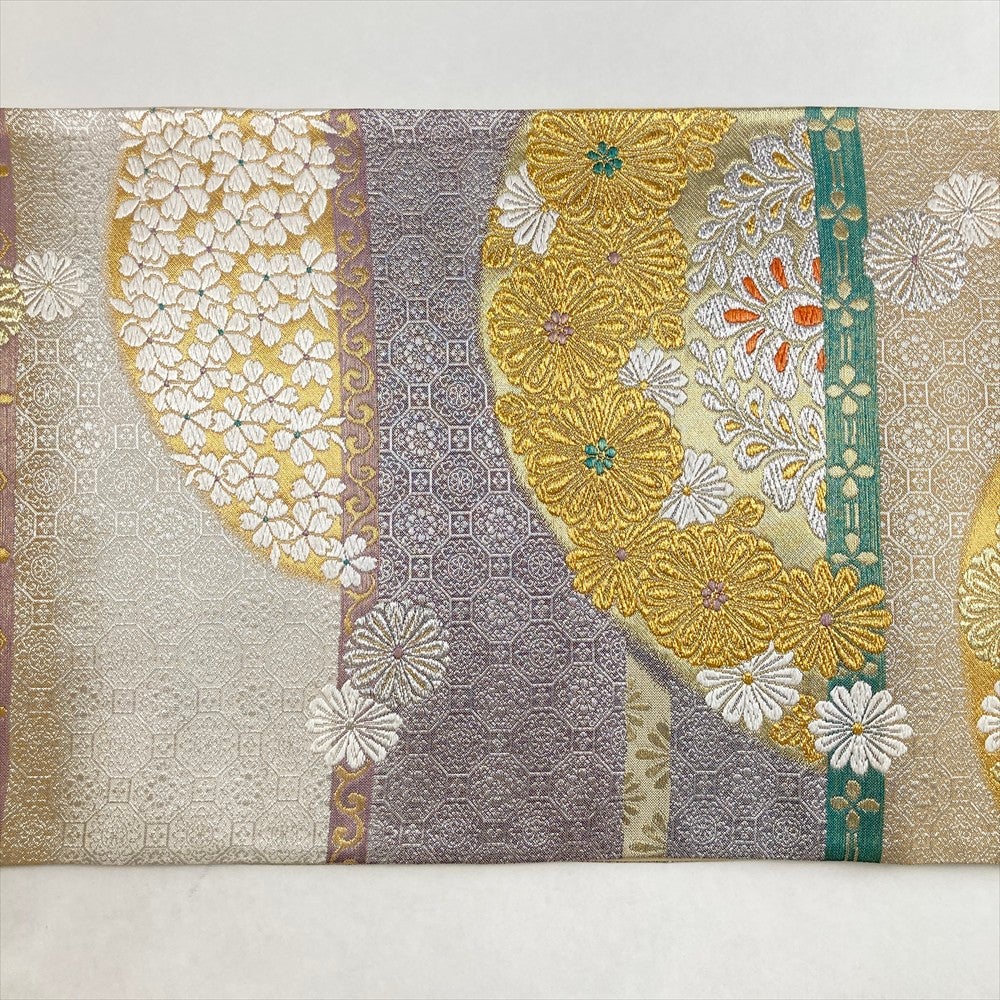 中古）袋帯 金 銀 マルチカラー フォーマル 六通 銀麗絣染 横縞 菊文 絹