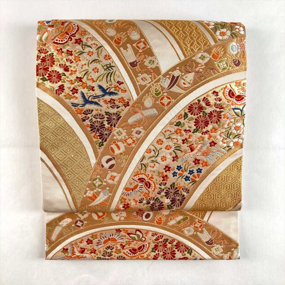 【極上品】●唐織袋帯●アイボリー地●六通● 鳥花唐草文● 中古）袋帯 アイボリー フォーマル 六通 織り 河合美術織物 宝尽くし
