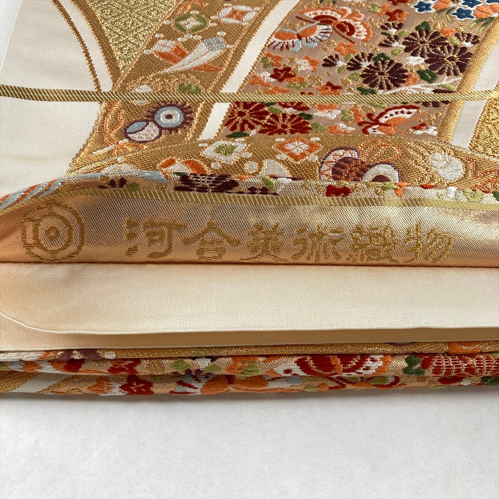 【極上品】●唐織袋帯●アイボリー地●六通● 鳥花唐草文● Prices down2）唐織袋帯「生成り色地 桐竹文」錦工芸謹製 六通柄 日本