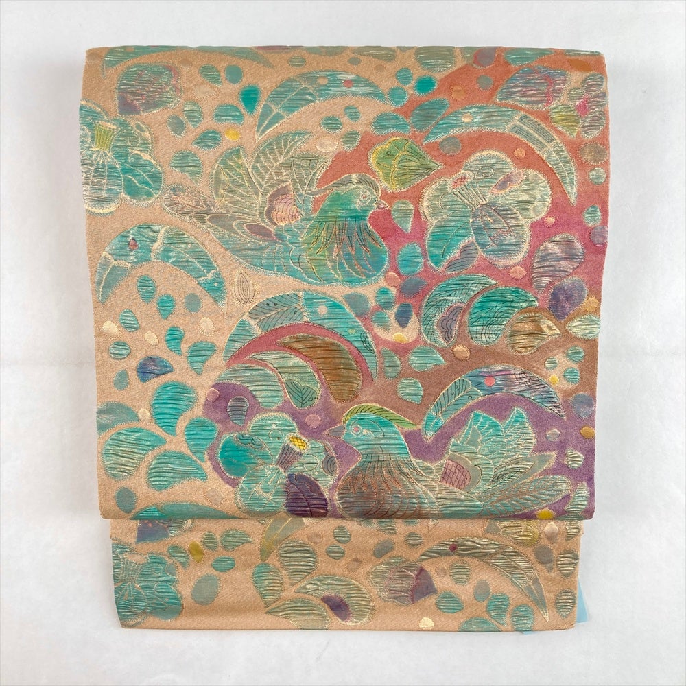 中古）袋帯 グレー フォーマル 六通 金糸 刺繍 吉祥文 蝶 波 四季花