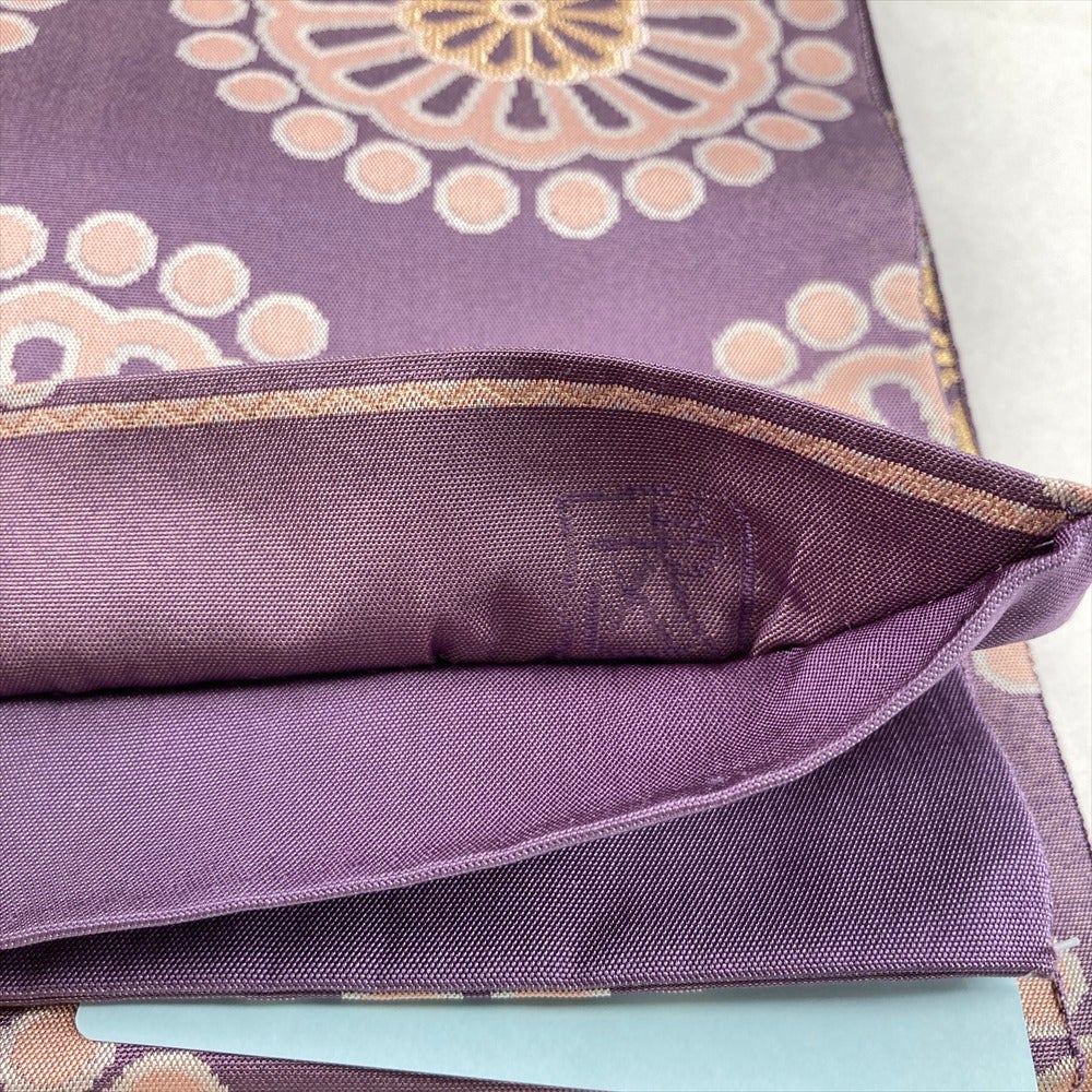 高級 袋帯 正絹 六通柄 総唐織 薄紫色 オレンジ 菱形 フォーマル 約60万円 中古）袋帯 薄紫 セミフォーマル 六通 織り 北村武資 浮線菊 絹
