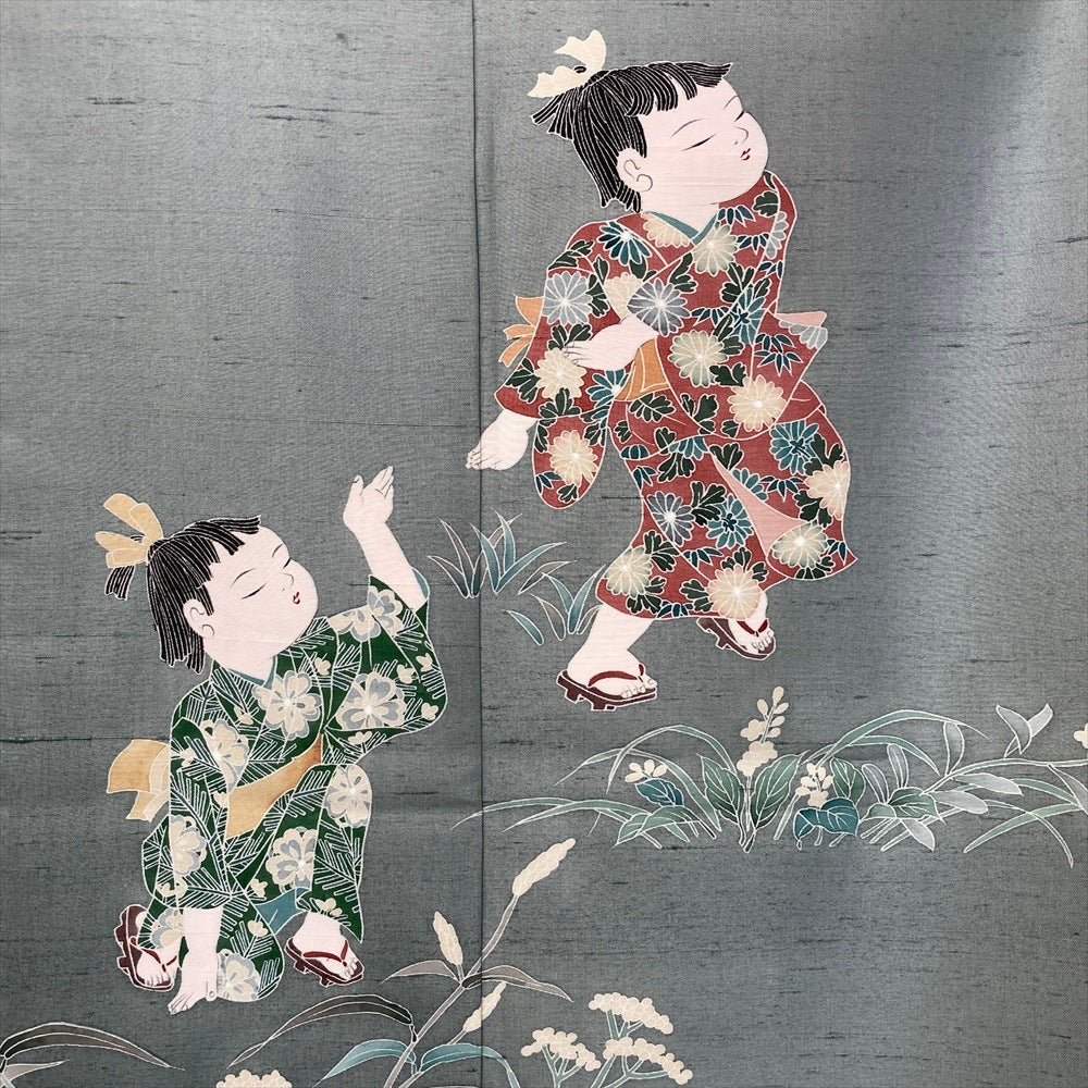 着物衿 コート 未使用 正絹 袷 平紬 墨流し染 灰緑 グレー 新古品 仕立て上がり 身丈111 裄丈69 Ｌサイズ ハオリモノ みやがわ sb16847 着物衿 コート 未使用 正絹 袷 平紬 墨流し染 灰緑 グレー 新古品