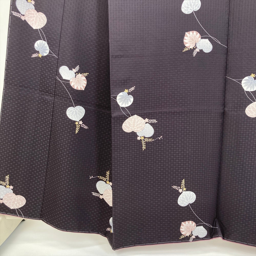 中古） 小紋 こげ茶 カジュアル 菱紋 花 飛び柄 袷 絹【身丈】153cm