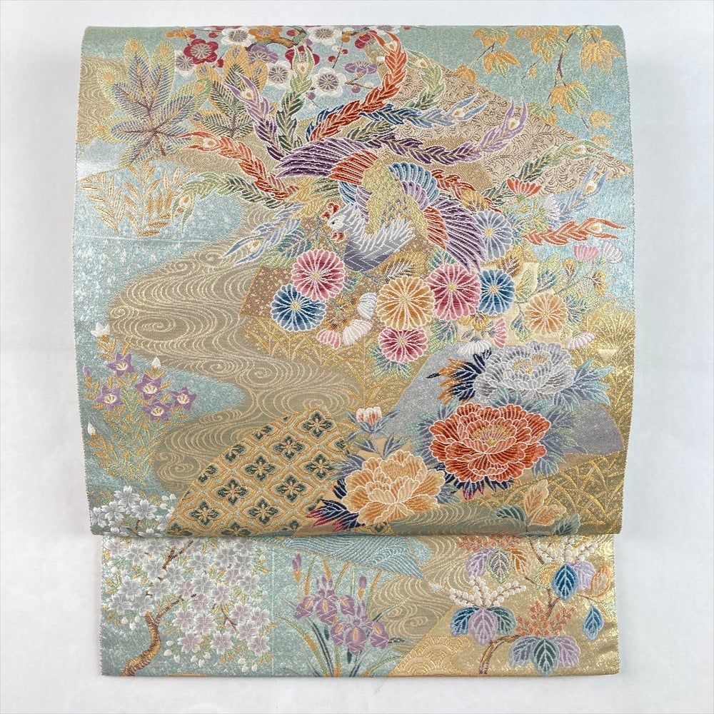 中古）袋帯 水色 金 フォーマル 六通 織り 四季花 鳳凰 波 瑞鳳桧扇