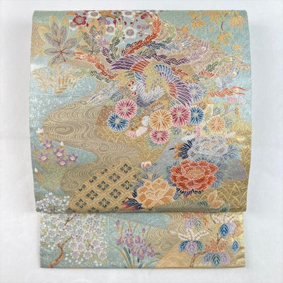 中古）袋帯 水色 金 フォーマル 六通 織り 四季花 鳳凰 波 瑞鳳桧扇 
