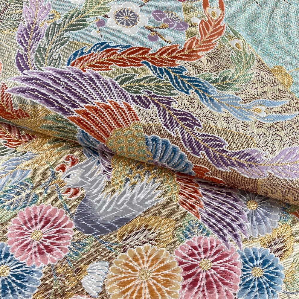 中古）袋帯 水色 金 フォーマル 六通 織り 四季花 鳳凰 波 瑞鳳桧扇