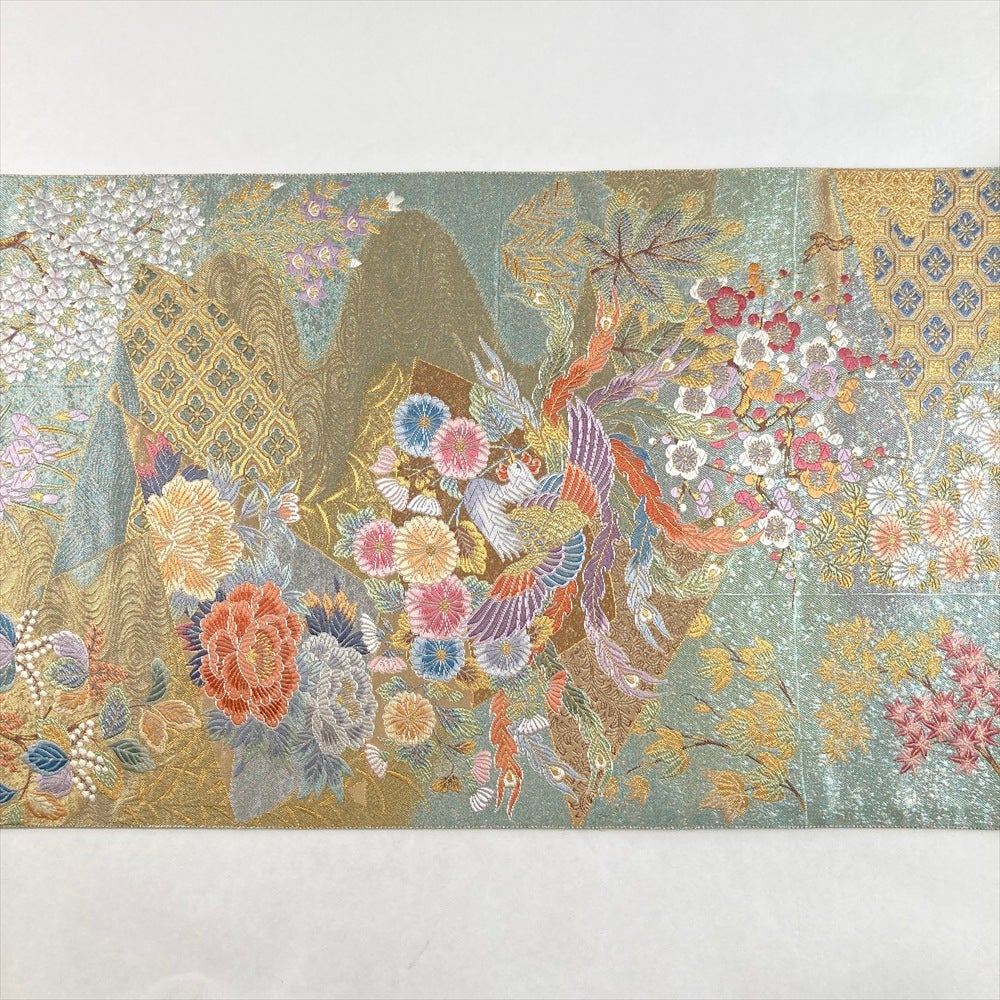 中古）袋帯 水色 金 フォーマル 六通 織り 四季花 鳳凰 波 瑞鳳桧扇