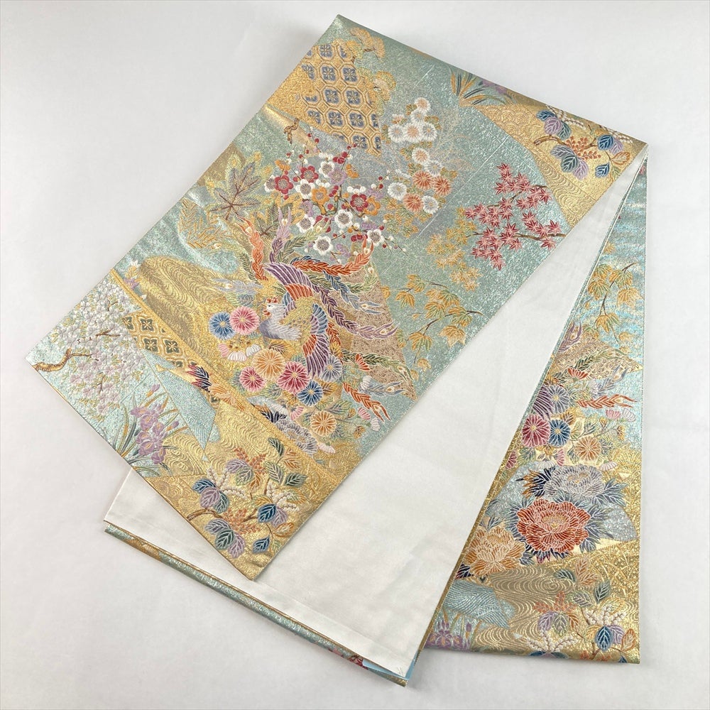 中古）袋帯 水色 金 フォーマル 六通 織り 四季花 鳳凰 波 瑞鳳桧扇
