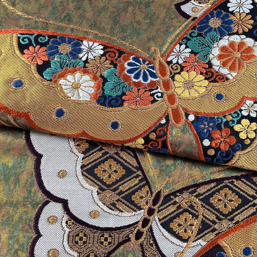 中古）袋帯 黒 金 フォーマル 六通 織り 彩華胡蝶文 引き箔 絹