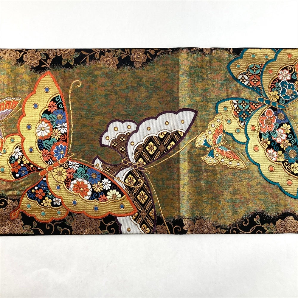 中古）袋帯 黒 金 フォーマル 六通 織り 彩華胡蝶文 引き箔 絹
