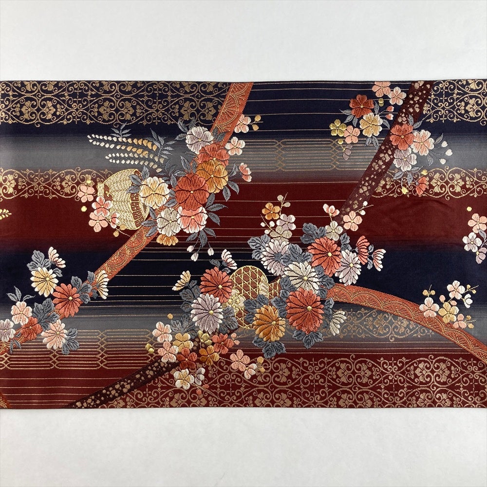 中古）袋帯 赤紫 紺 フォーマル 六通 織り 花かご オリエンタル 縦段