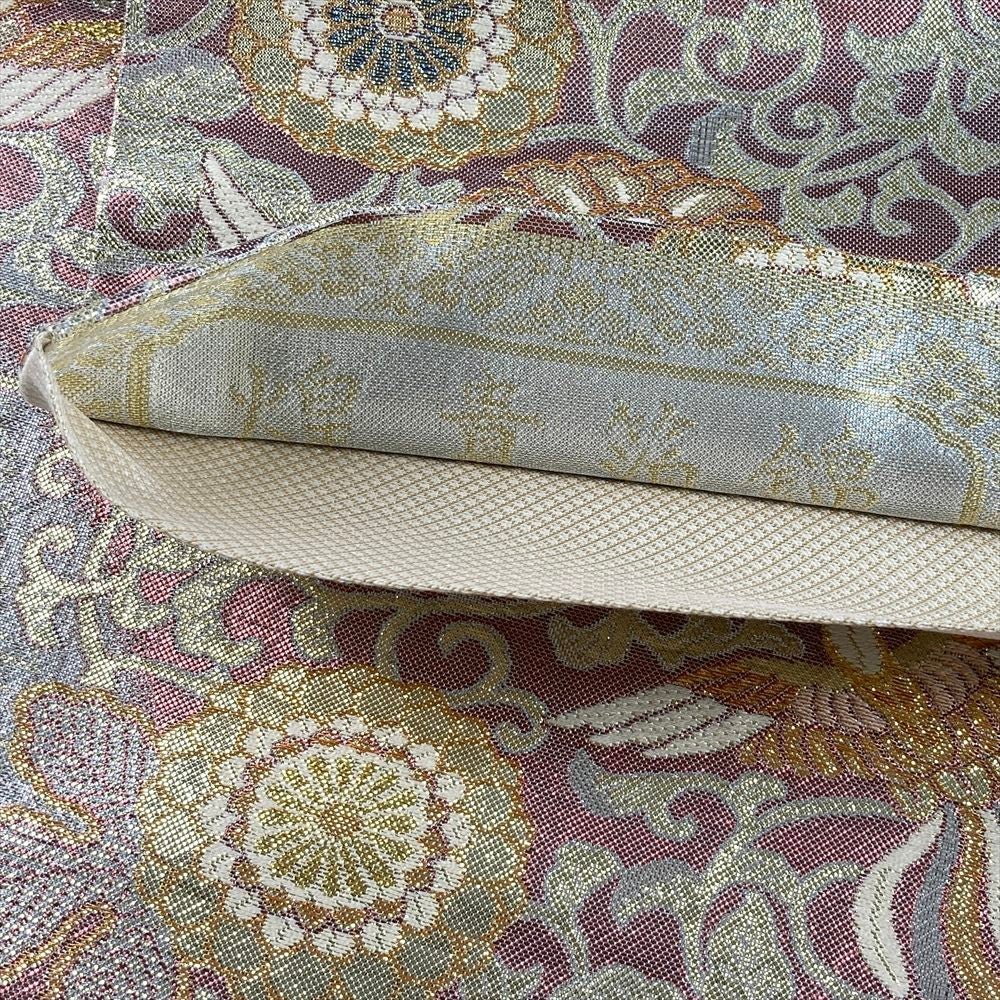 中古）袋帯 銀 紫 フォーマル 六通 織り 金糸 唐草 尾長鳥 花 煌貴箔錦 絹