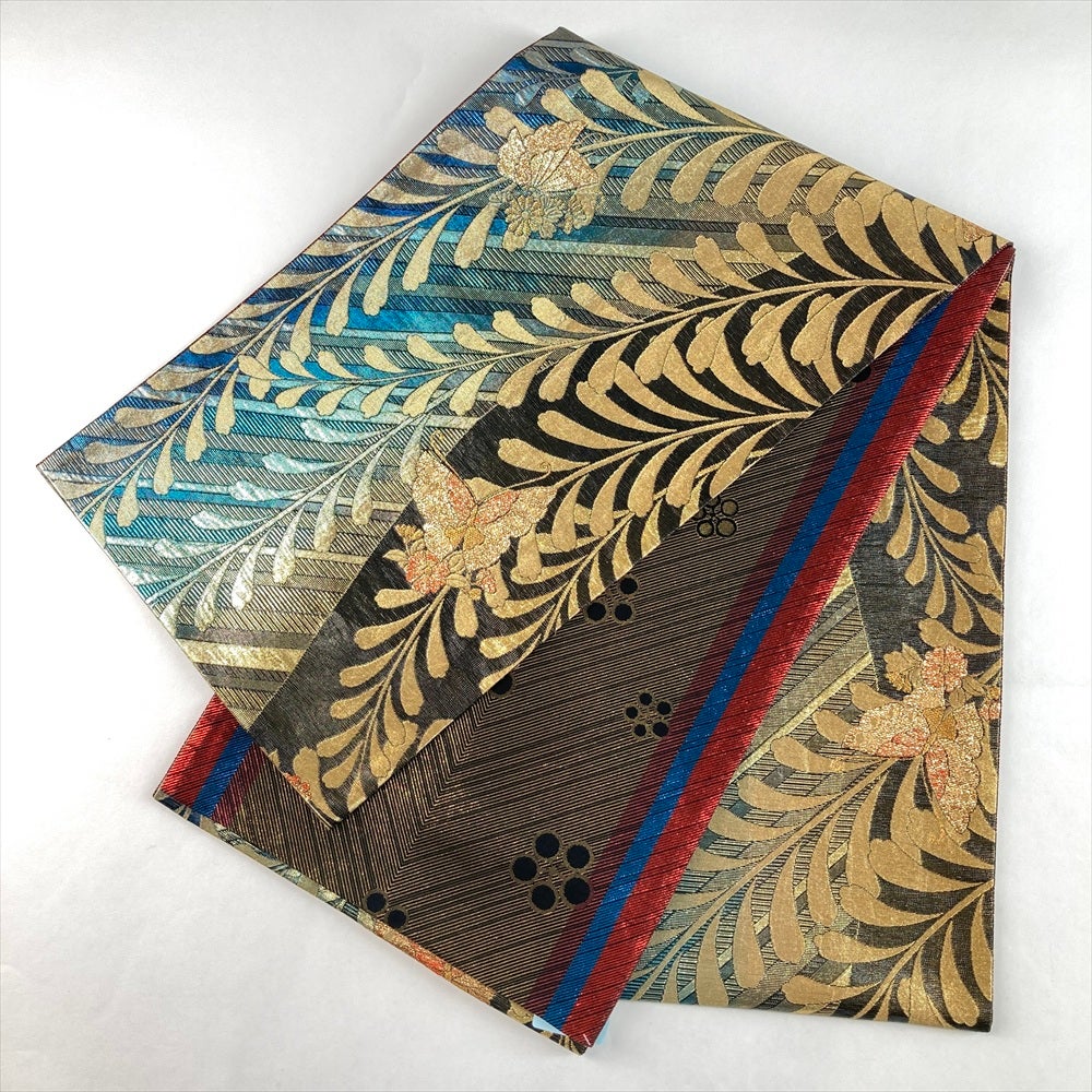 中古）袋帯 金 黒 フォーマル 六通 織り 蝶 梅 絹
