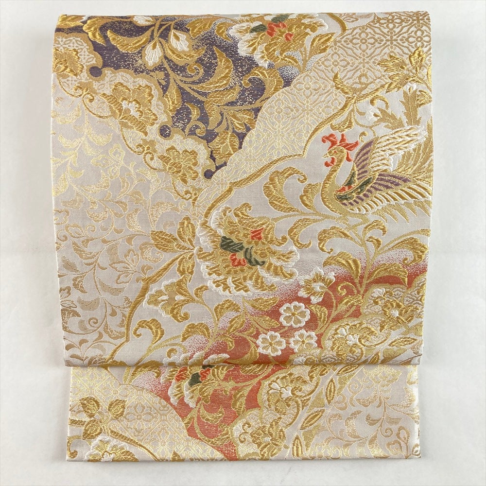 中古）袋帯 赤 カジュアル 全通 未仕立て 織り 幾何学 オリエンタル 絹