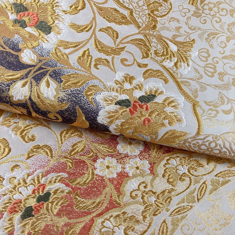 中古）袋帯 白 金 フォーマル 六通 織り 真珠箔 鳳凰 唐花 絹