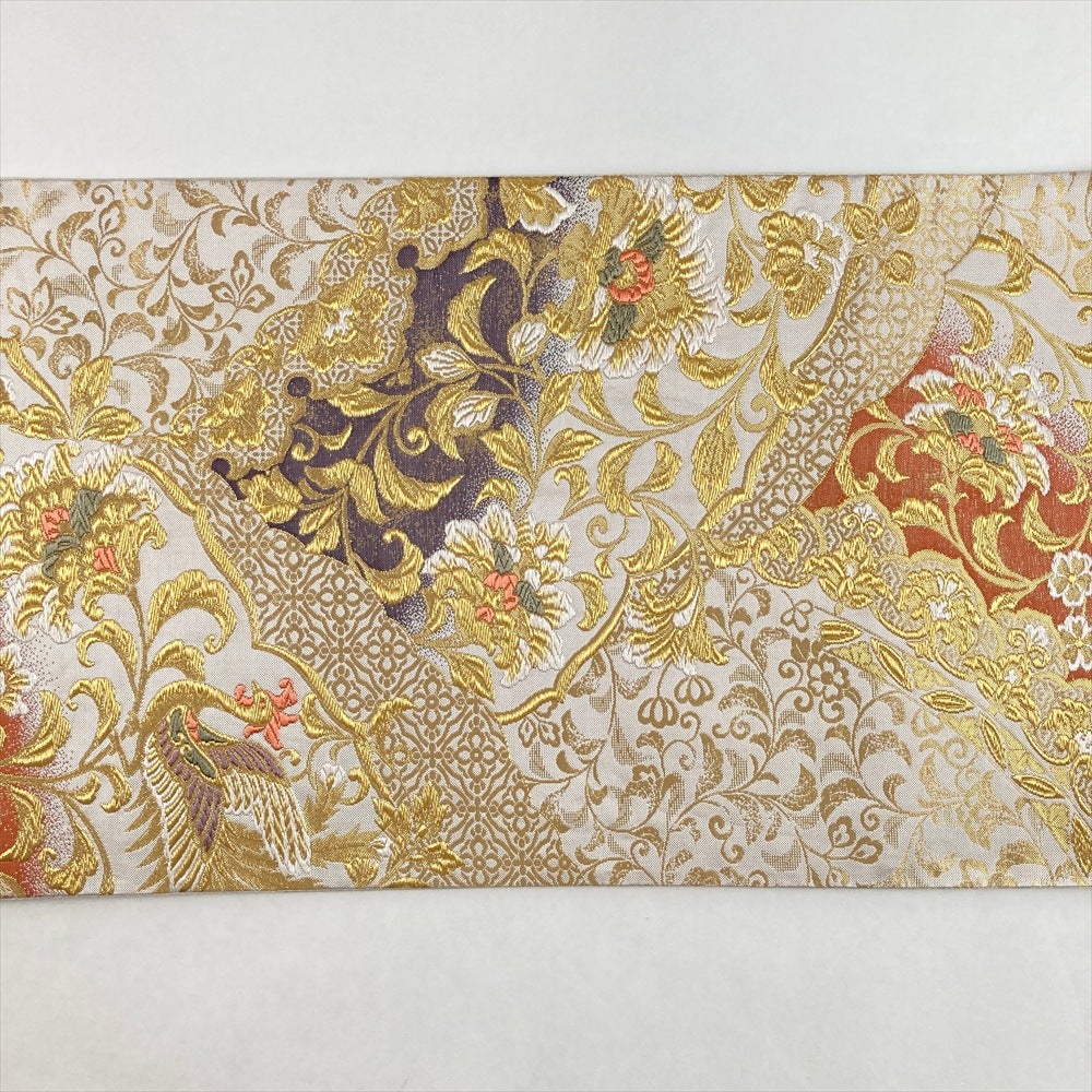 中古）袋帯 白 金 フォーマル 六通 織り 真珠箔 鳳凰 唐花 絹