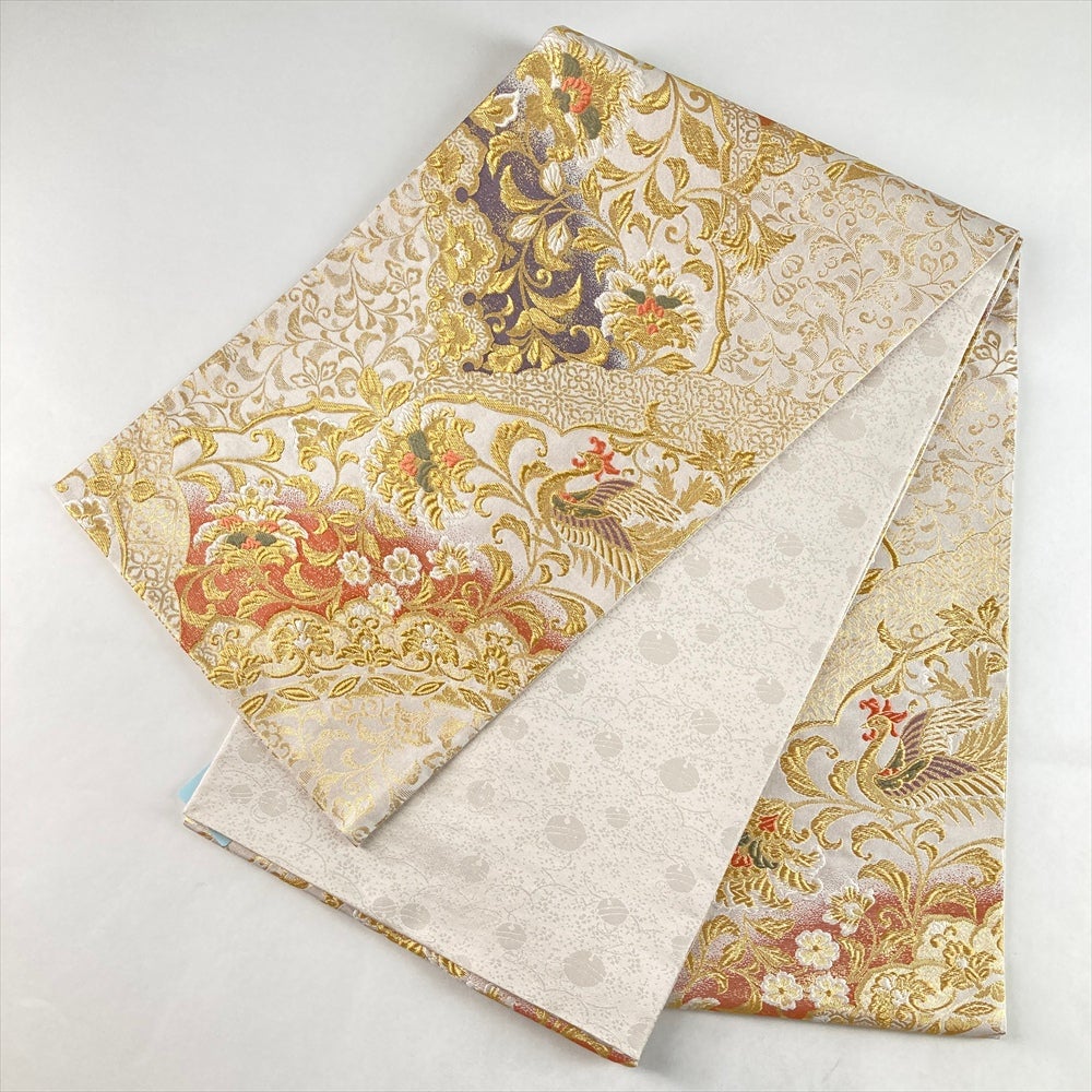 中古）袋帯 白 金 フォーマル 六通 織り 真珠箔 鳳凰 唐花 絹