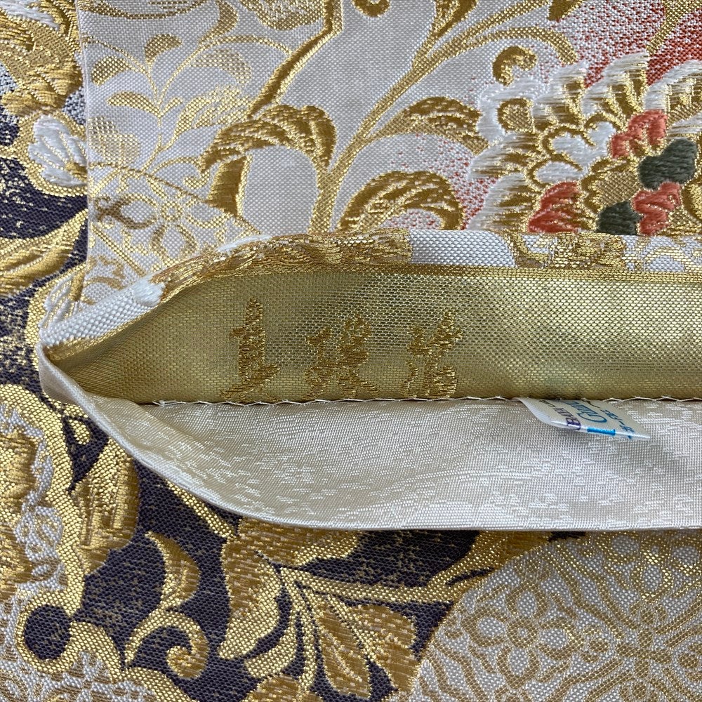 中古）袋帯 白 金 フォーマル 六通 織り 真珠箔 鳳凰 唐花 絹