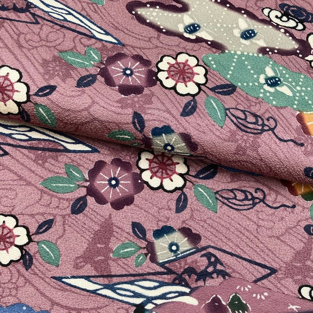 中古）袋帯 紫 カジュアル 六通 片側未仕立て 染め 琉球紅型 絹