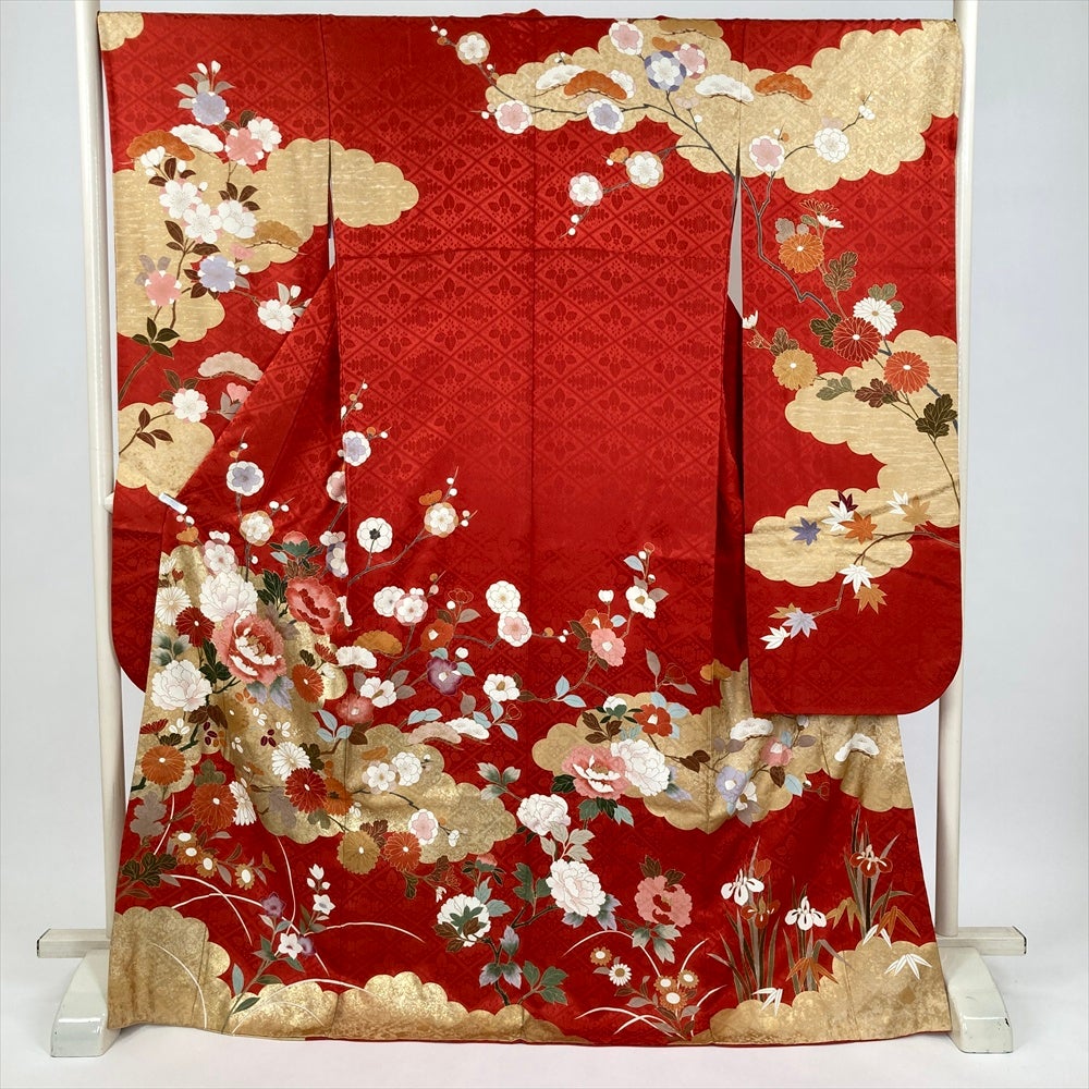 511z50.410y11.小物類〇振袖 金彩 牡丹 桜 熨斗 紺色〇美品 中古） 振袖 朱赤 フォーマル 金彩 花 金駒刺繍 袷 絹【身丈】165cm