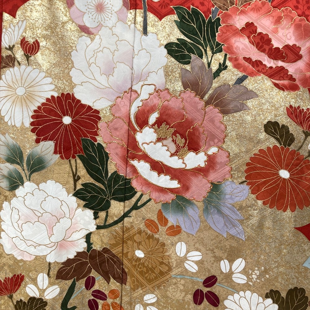 正絹縮緬 セミアンティーク 振袖 5点セット 朱赤 金駒刺繍 稲穂と蝶々裄69 中古） 振袖 朱赤 フォーマル 金彩 花 金駒刺繍 袷 絹【身丈】165cm